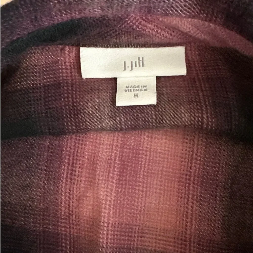 J.Jill Ombre Plaid Tiered Babydoll Button Up Tunic Top Long Sleeve Burgundy Sz M - Picture 9 of 15